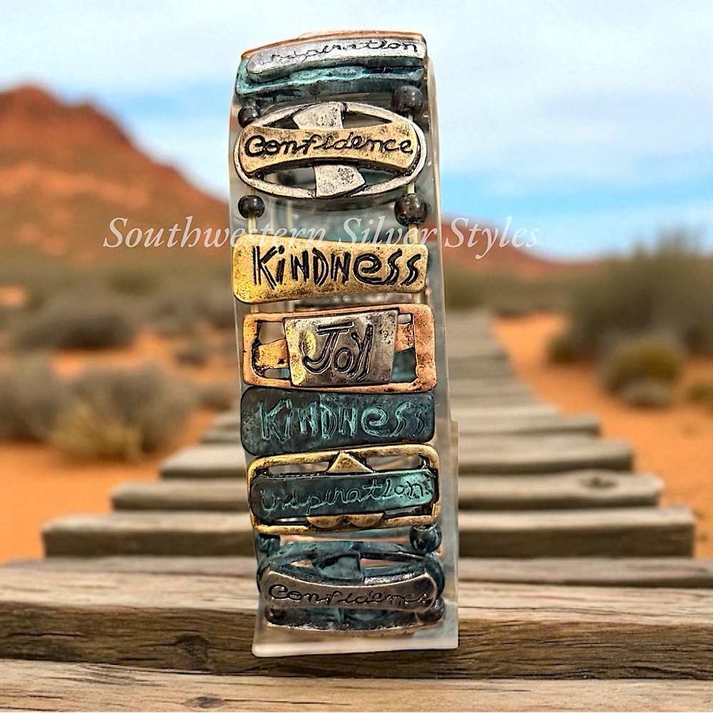 NEW Inspirational Hope Joy Silver Bronze Turquoise Patina Color Stretch Bracelet
